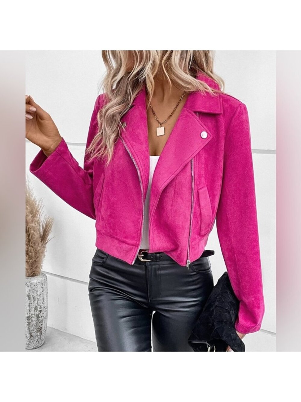 Zip Up Vegan Suede Moto Jacket Hot Pink